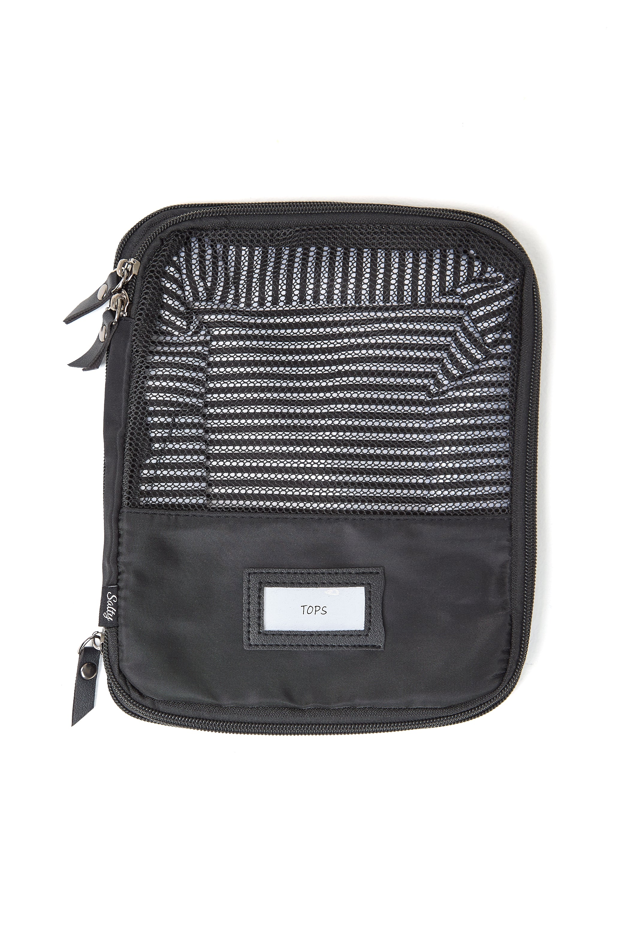 Close-up of compression zipper on plain black travel cube